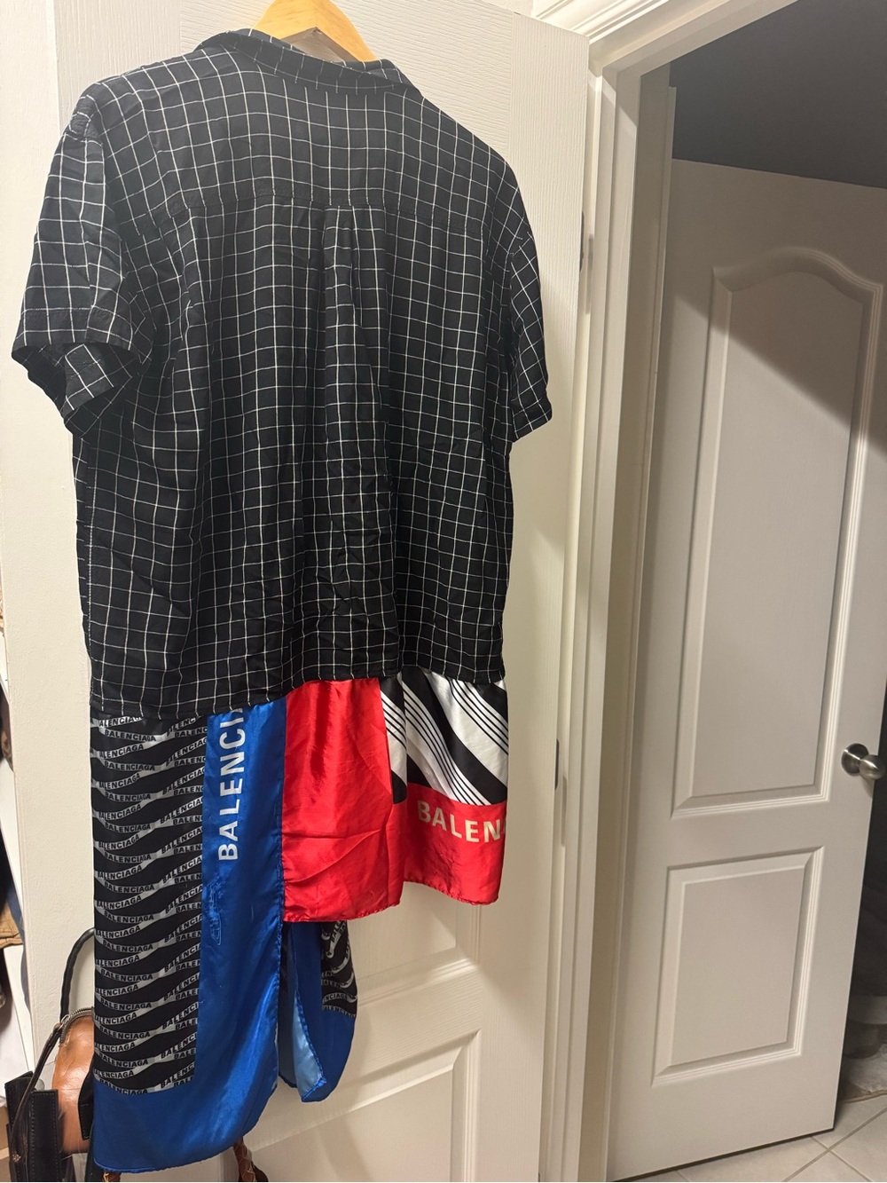 Black Grid Short Sleeve Shirt with Multicolor Scarf Hem size M/L/and maybeXL